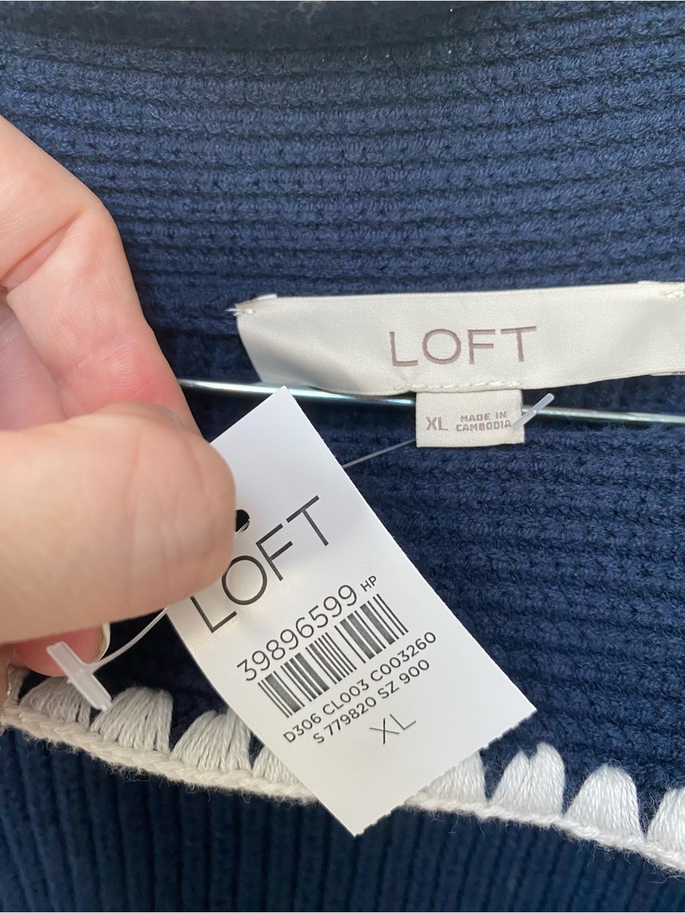 LOFT Navy Ribbed Cowl Sweater with Scallop Trim Tie - Picture 4 of 5